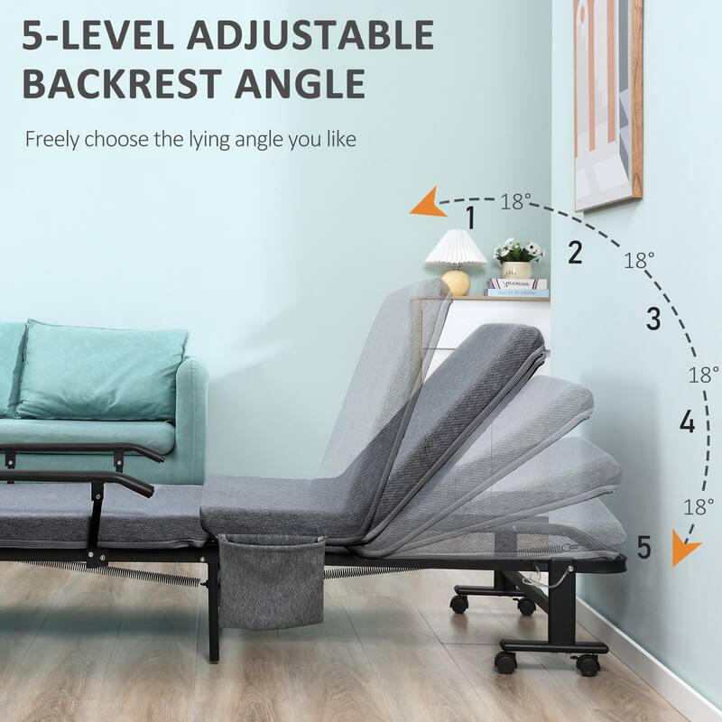 Dark Grey-Black Steel Foldable Floor Mattress Bed with Adjustable Backrest, Handrails and Storage Bags