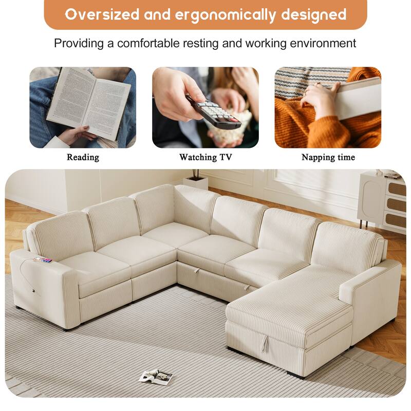 Convertible Sleeper Sofa with Pull Out Bed, 115.6" Oversized U Shaped Sectional Couch with USB Ports and Storage Chaise Lounge