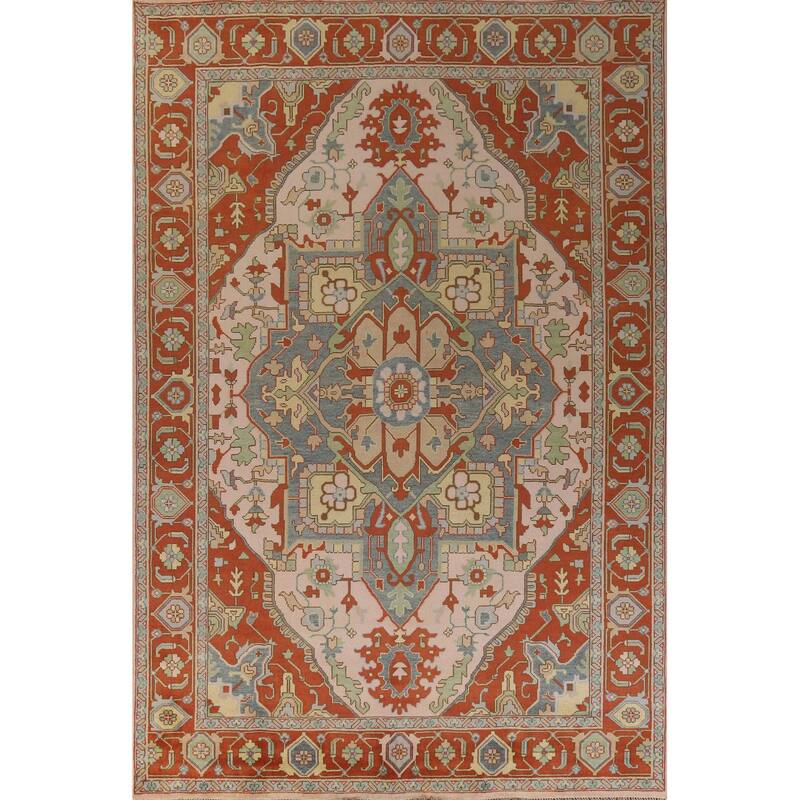 Geometric Heriz Serapi Indian Large Rug Hand-Knotted Pink Wool Carpet - 9'10" x 13'9"