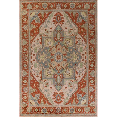 Geometric Heriz Serapi Indian Large Rug Hand-Knotted Pink Wool Carpet - 9'10" x 13'9"