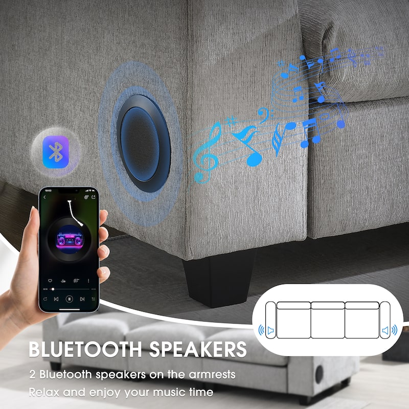 Chenille Sectional Sofa With Bluetooth Speaker,Cloud Couch Set With Drop Down Table,Cup Holders,Usb Charger,Storage Armrest