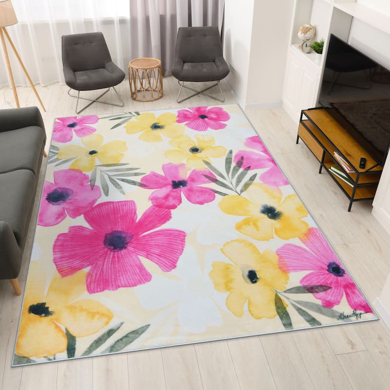 Tropical Posies, Hand Washable Flowers Art Area Rug, power-loomed, 100% polyester, 2mm pile, nonslipping back - 7.5' x 10.3'