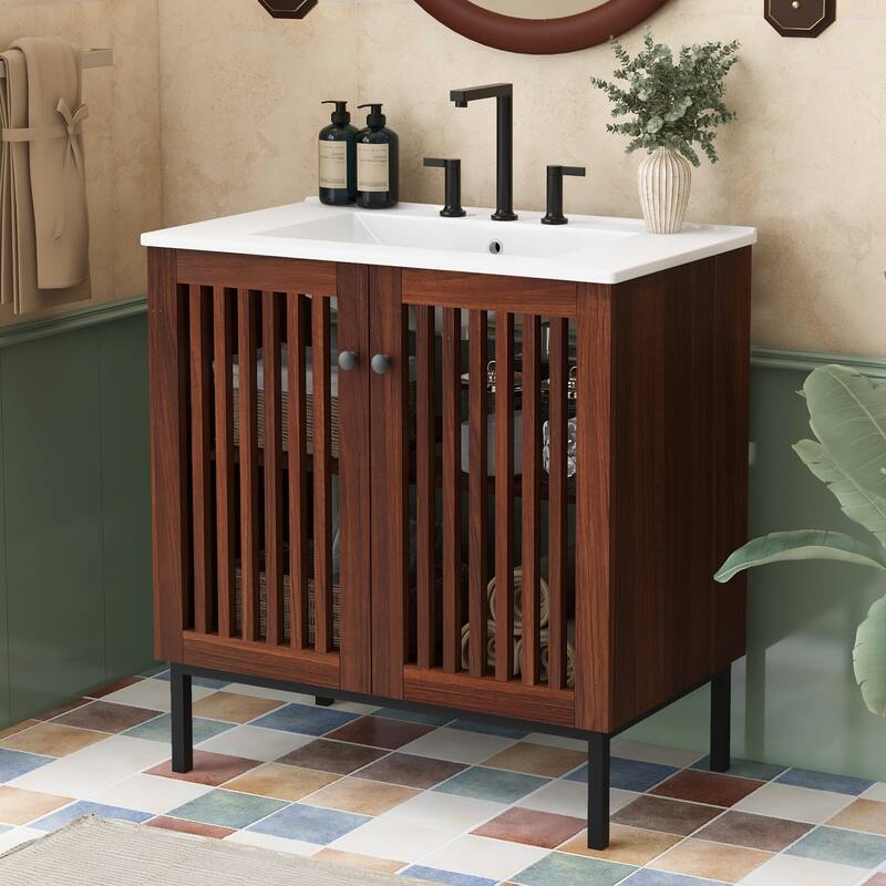 Bathroom Vanity with Sink, Bathroom Storage Cabinet with 2 Soft Close Doors, Bathroom Vanity Cabinet with 4 Iron Legs