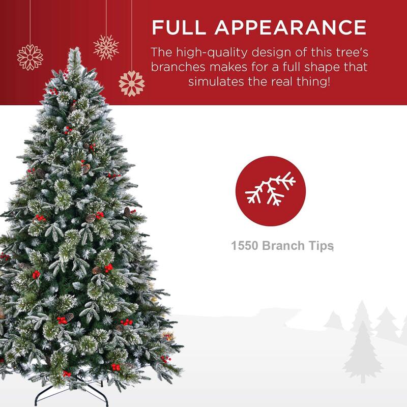 Artificial Christmas Tree 8Ft Snow Frosted Xmas Tree Pre-Decorated Christmas Tree with Pinecones & Berries Metal Stand