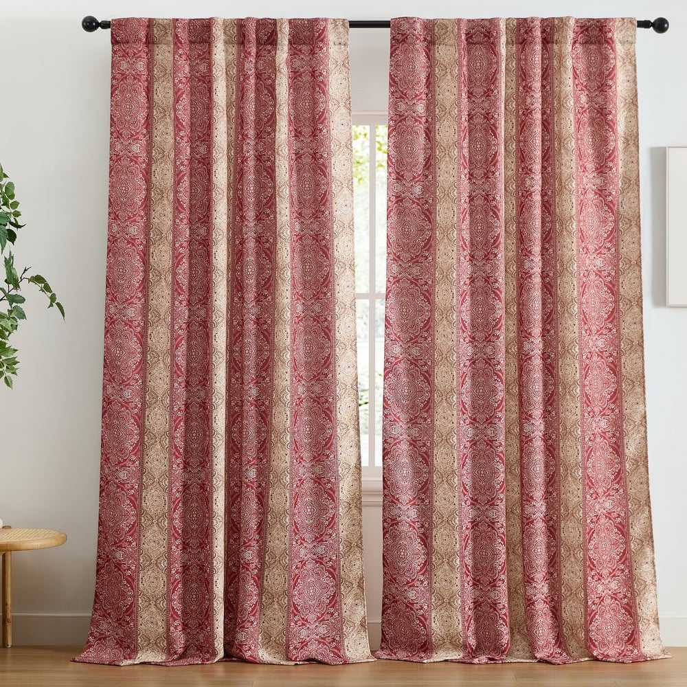 HLC.ME William Boho Damask Striped Window Back Tab Rod Pocket Curtains - Light Blocking Darkening Panels, Set of 2