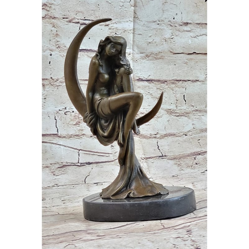 High Life Girl On Crescent Moon Bronze Statue Sculpture Figure 9 Inches X 6 Inches