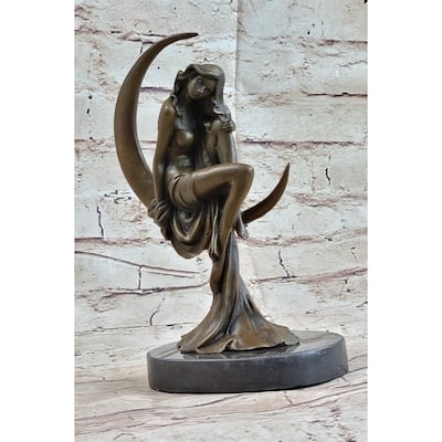 High Life Girl On Crescent Moon Bronze Statue Sculpture Figure 9 Inches X 6 Inches