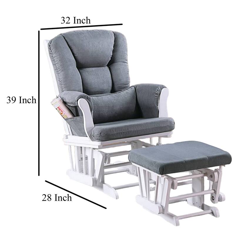 Noni Glider Manual Recliner Chair w Square Ottoman, White Wood, Gray