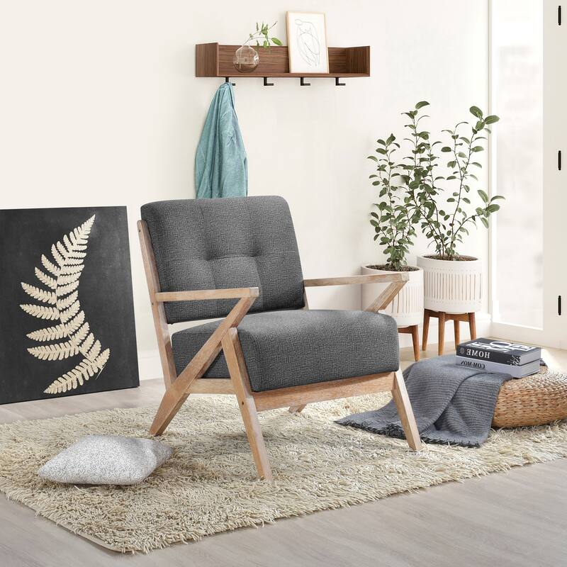 Unique Design Fabric Armchair with Antique Natural Finish and Tufted Back