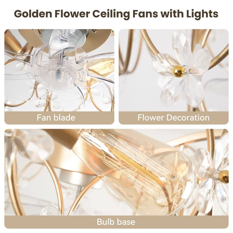 21 in. Indoor Golden Flower Crystal Ceiling Fan with Light, Ceiling Fans with Light and Remote, Flower Fandelier for Bedroom