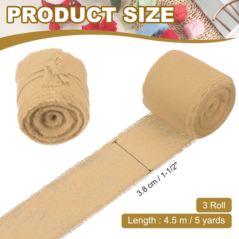 1-1/2"x15 Yd Handmade Fringe Cotton Ribbon Frayed Ribbons 3 Roll - 5Yd - Khaki