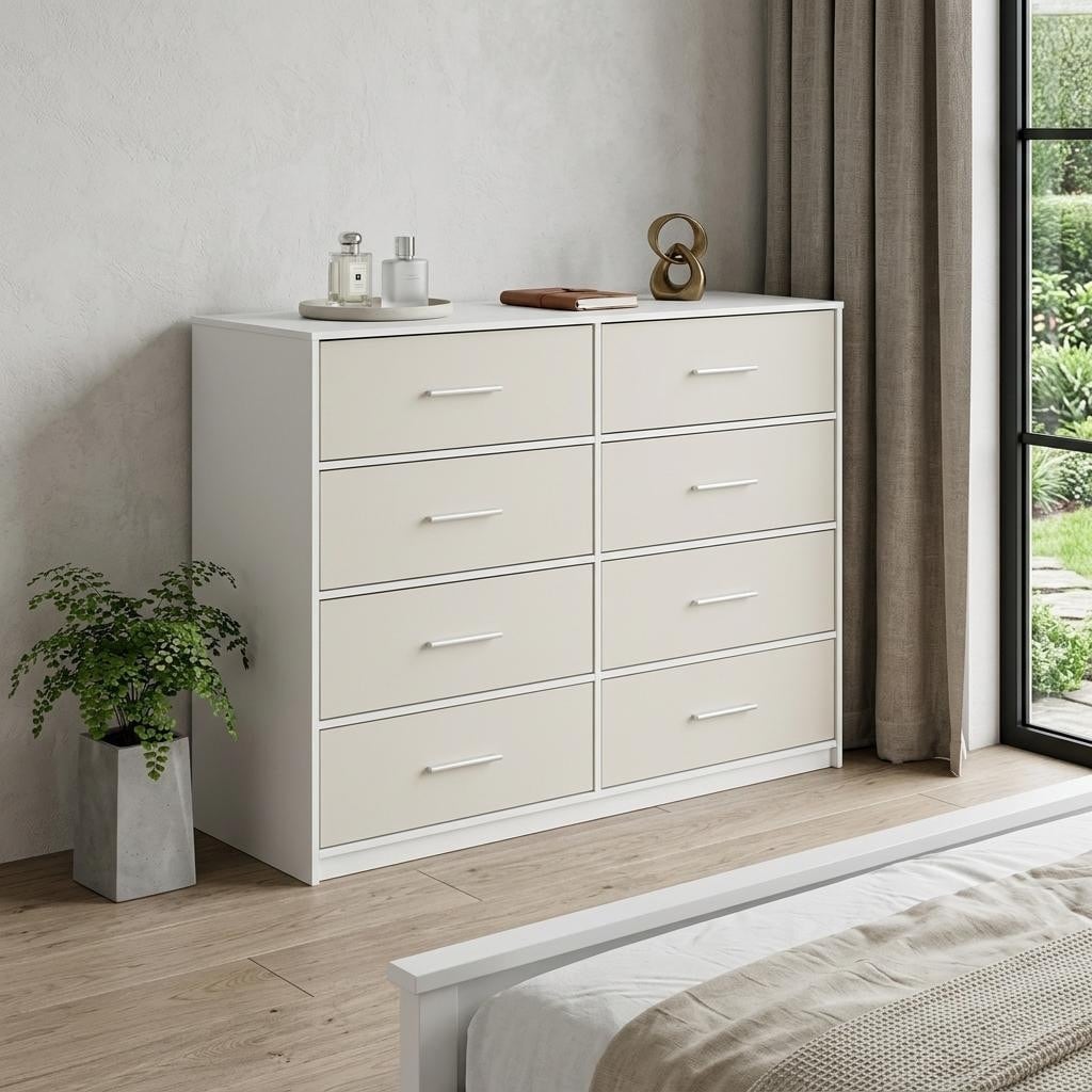 white eight drawer dresser Modus Furniture Grace in Snowfall Elongated brushed nickel pulls and vertical tube accents create visual interest while enhancing the dressers clean structure HomeRoots 45 White Fabric Wood