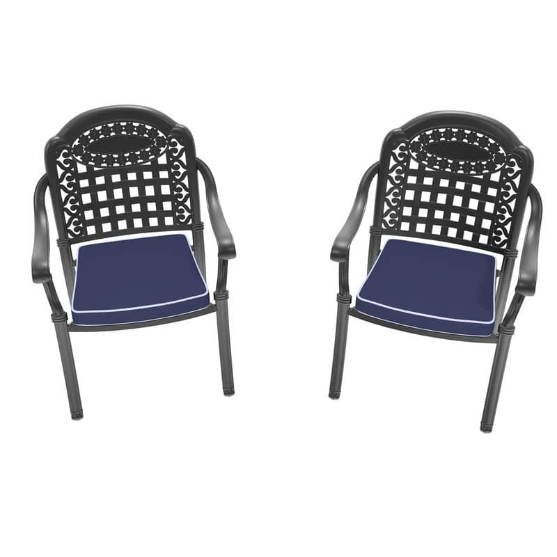 Black Stackable Cast Aluminum Patio Outdoor Dining Chairs With Blue Seat Cushions