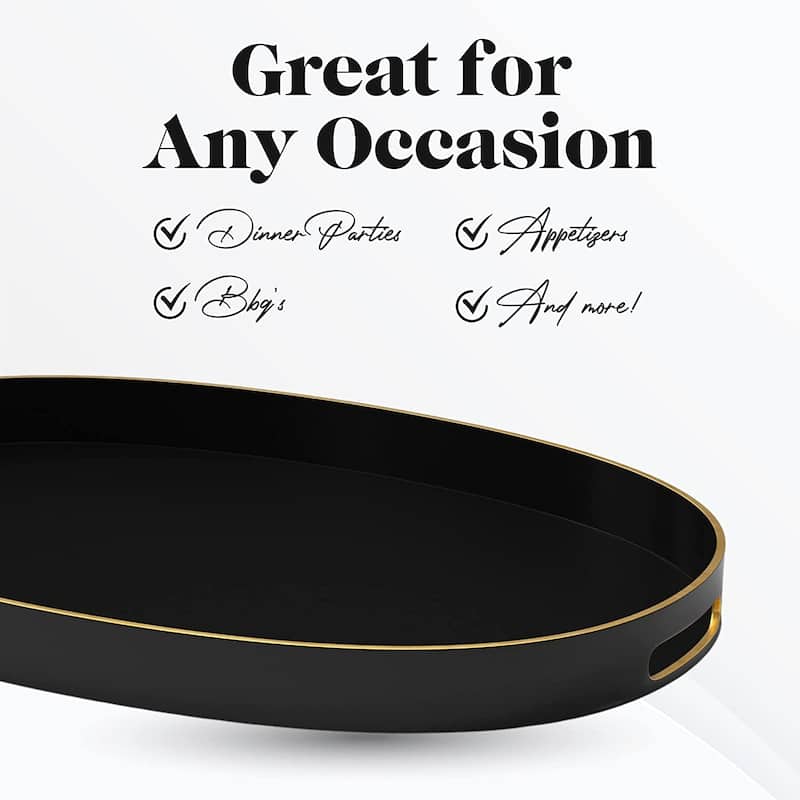 American Atelier Serving Oval Tray with Gold Trimming Handles - 15.3 x 10.6 in