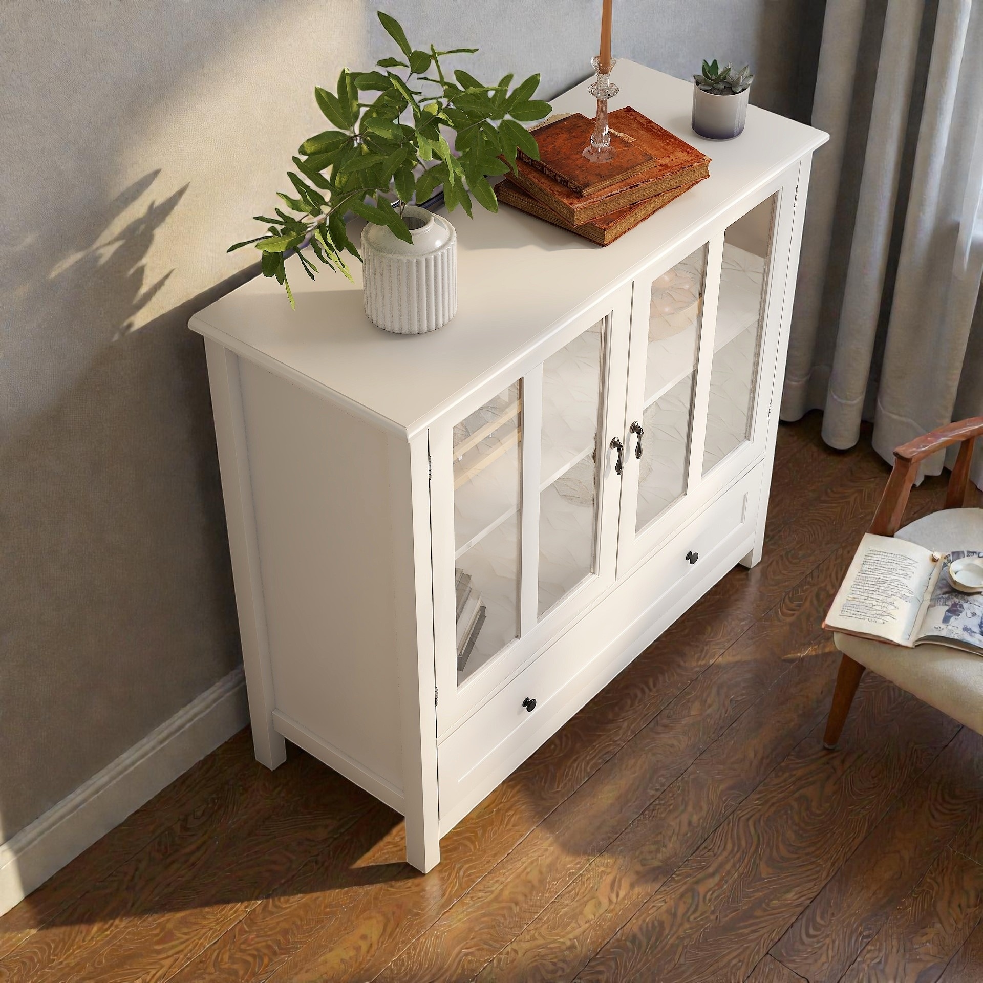 Buffet Sideboard Cabinet with Glass Doors and Drawer, Display Storage and Entryway Cabinet, Decorative Cabinet for Living