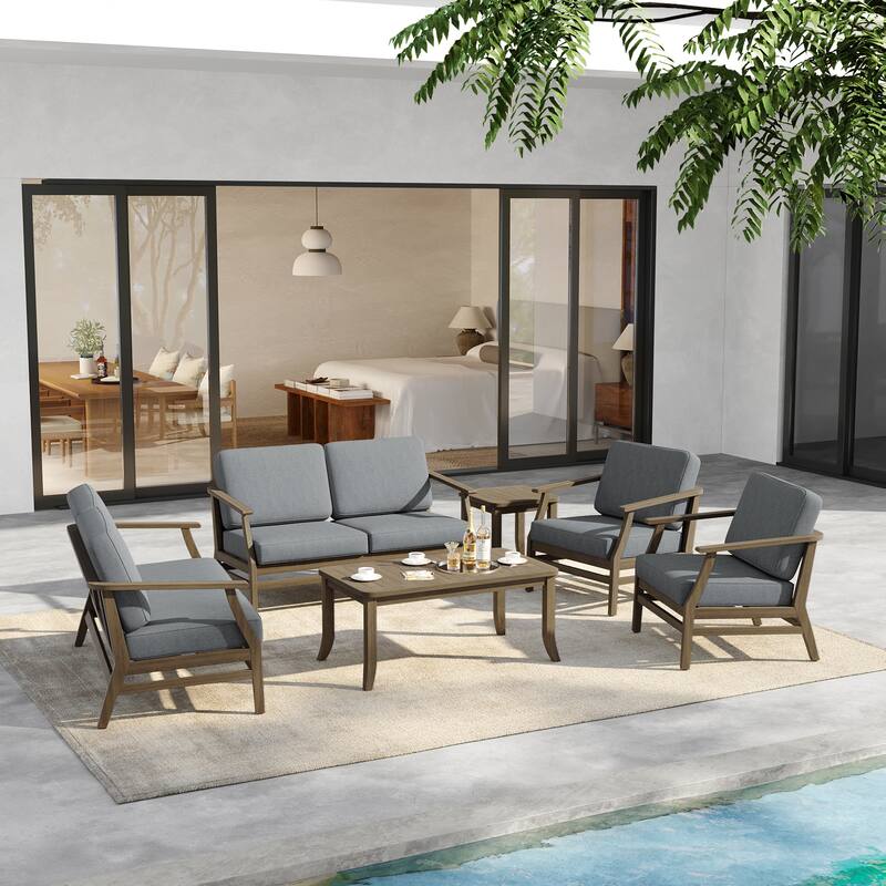 6-Seat Outdoor Teak Wood Patio Conversation Set with Cushions Tables