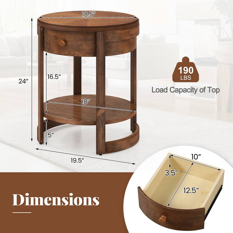 Gymax 2PCS Nightstand w/ Shelf & Wood Grains Drawer Round End Table