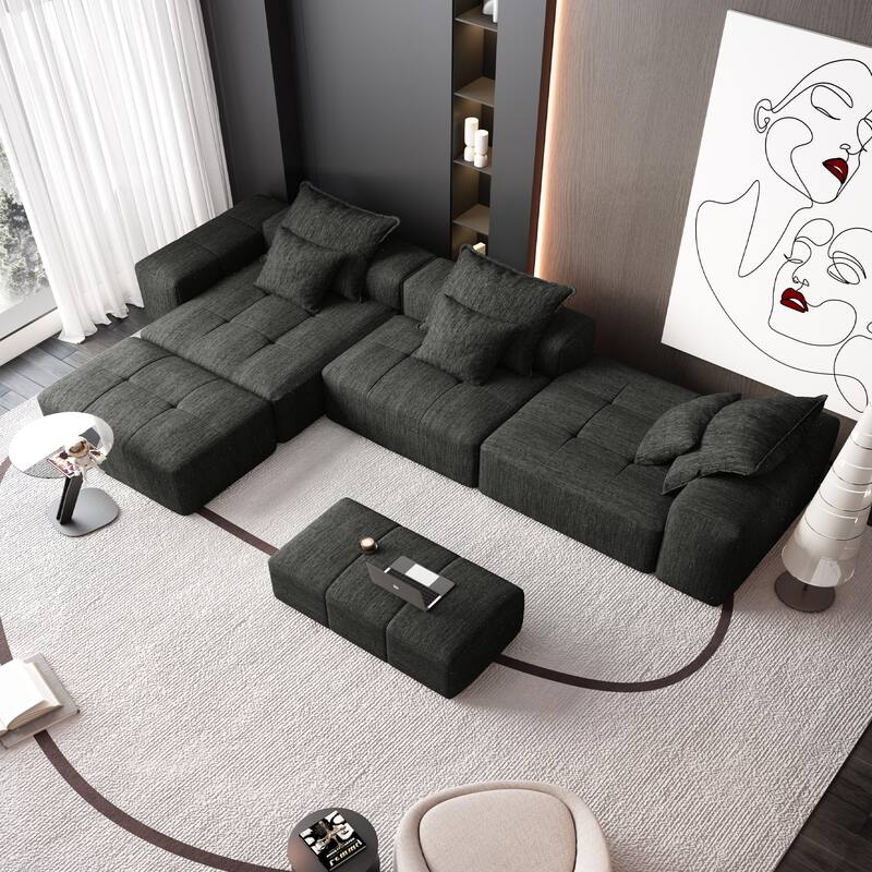 6 PCS DIY Combination Tufted Sofa Modern Oversized Modular Sectional Sofa with 6 Pillows,No Assembly Required - Black