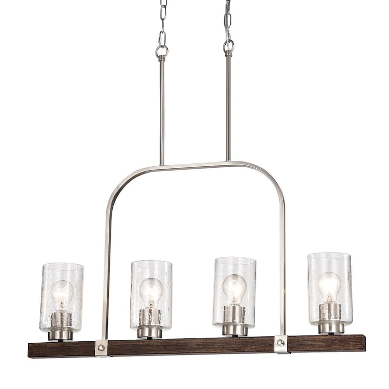 Brushed Nickel and Wood 4-Light Linear Island Lighting with Seedy Glass - Brushed Nickel and Wood