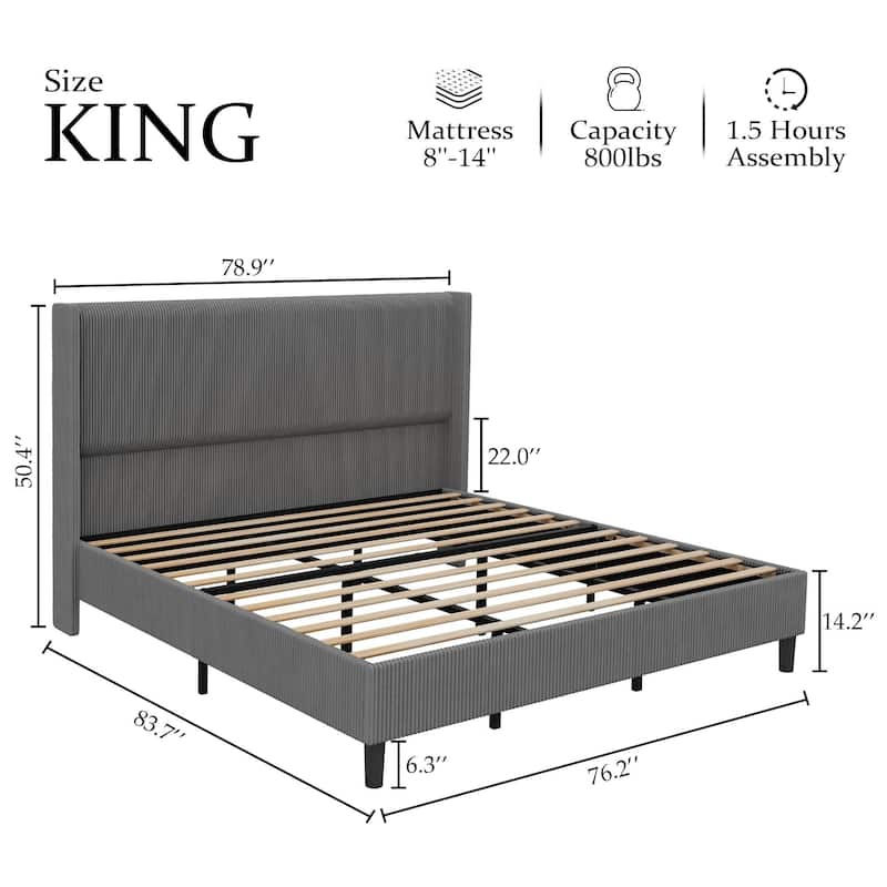Upholstered Corduroy Bed Frame, Bed Frame with Wingback Headboard