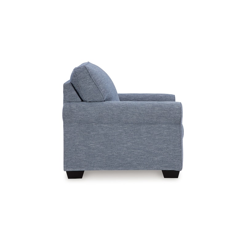 Sano Chair, Denim Blue Polyester, Soft Cushioning, Black Wood Frame