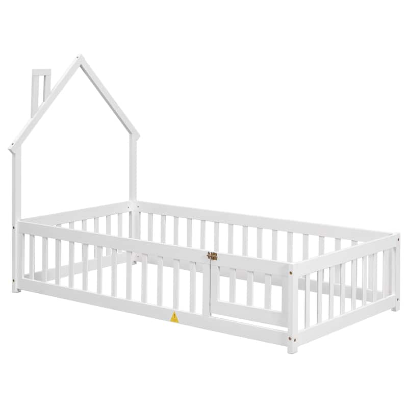 Twin House-Shaped Headboard Floor Bed with Fence