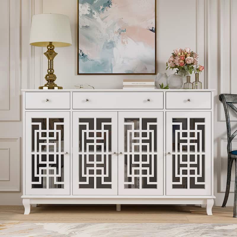 Modern Farmhouse Wood Accent Cabinet with Glass Doors Sideboard Buffet - White