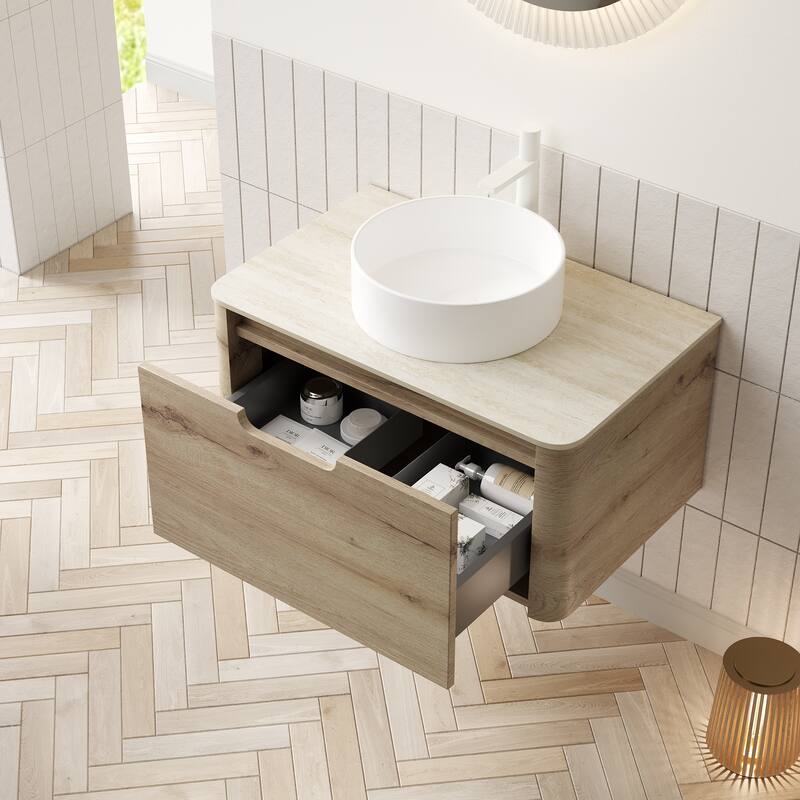 Floating Bathroom Vanity with Round Sink, Wall-Mounted Bathroom Storage Cabinet with Roma Travertine-Pattern Sintered Stone Top
