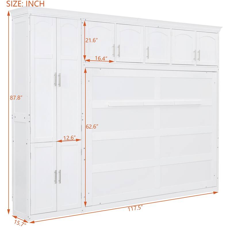 Space-Saving Queen Size Murphy Bed with Integrated Cabinets and Storage, White