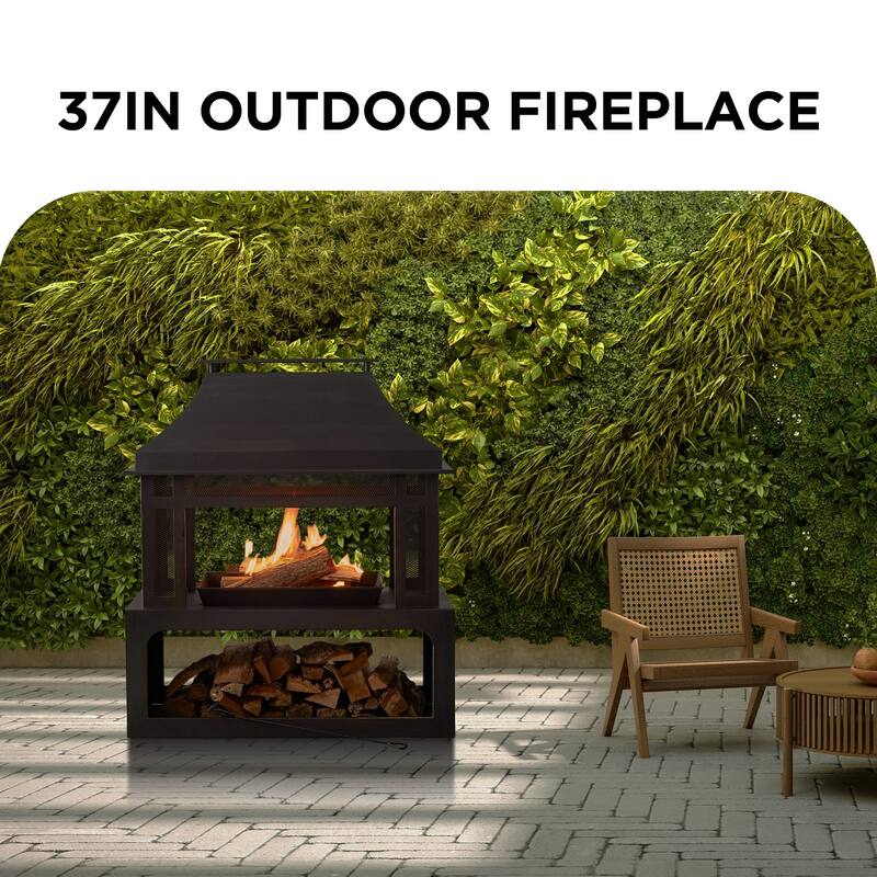 32 inch Durable Steel Rectangular Freestanding Wood Burning Fireplace with Log Rack