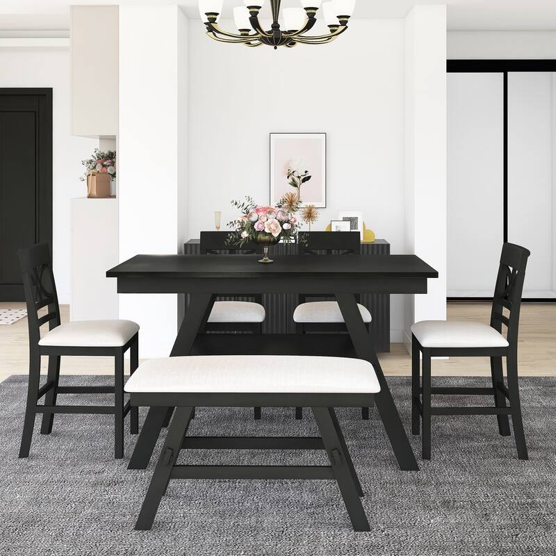 6-Piece Wood Counter Height Dining Table Set with Bench and 4 Chairs - Espresso