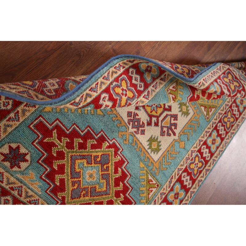 Geometric Blue Kazak Oriental Accent Rug Hand-Knotted Wool Carpet - 2'8" x 3'10"