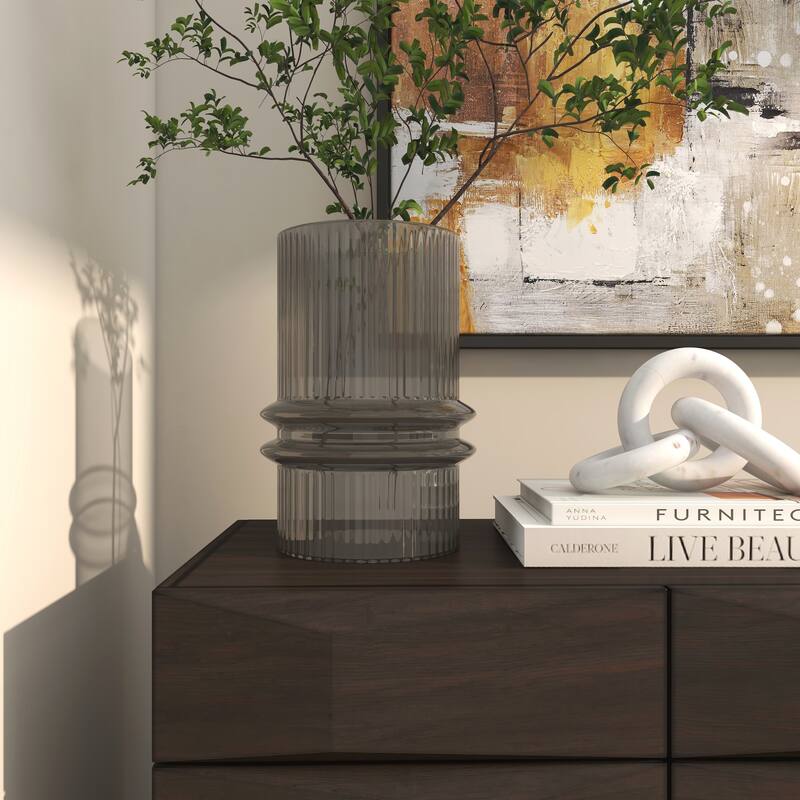 Gray Glass Wide Ribbed Vase with Fluted Center