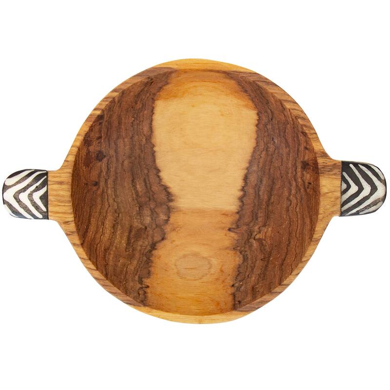 Rustic Olive Wood Bowl with Batik Bone Inlay Handles, 6-inch