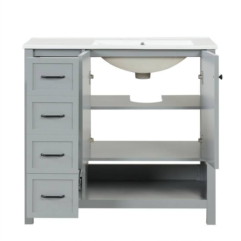 36"W Bathroom Vanity with Ceramic Top, Bathroom Vanity with Drawer Divider, Freestanding Cabinet with Open Shelf