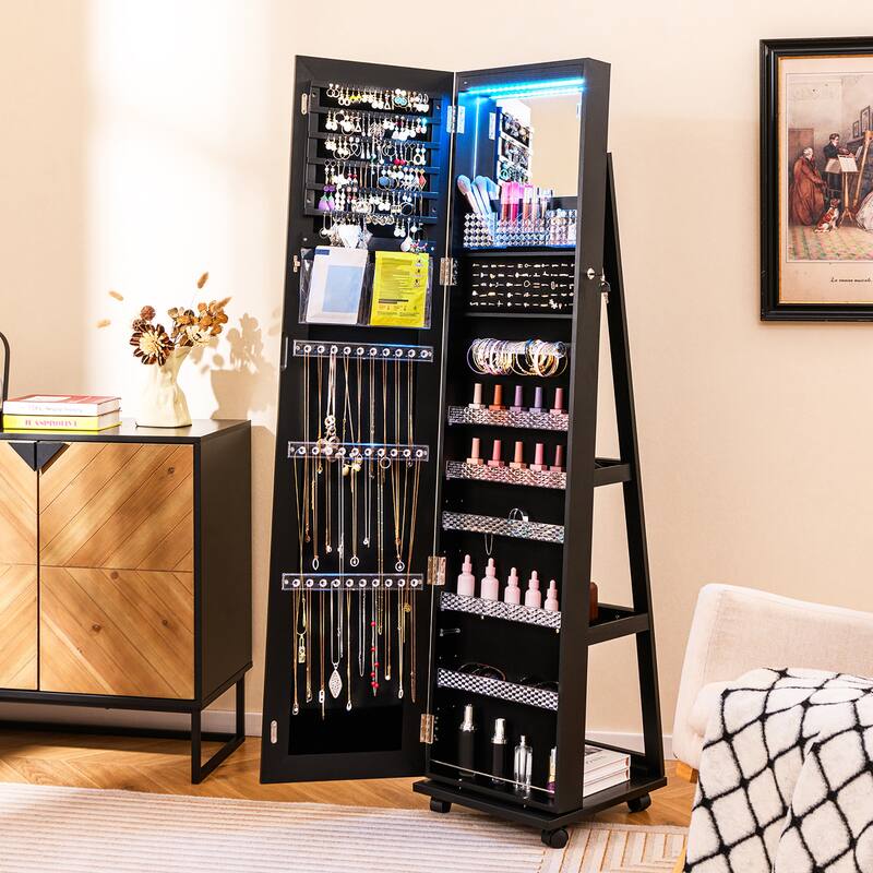 Gymax 64'' Jewelry Cabinet Armoire w/ 3-Color Lights Adjustable
