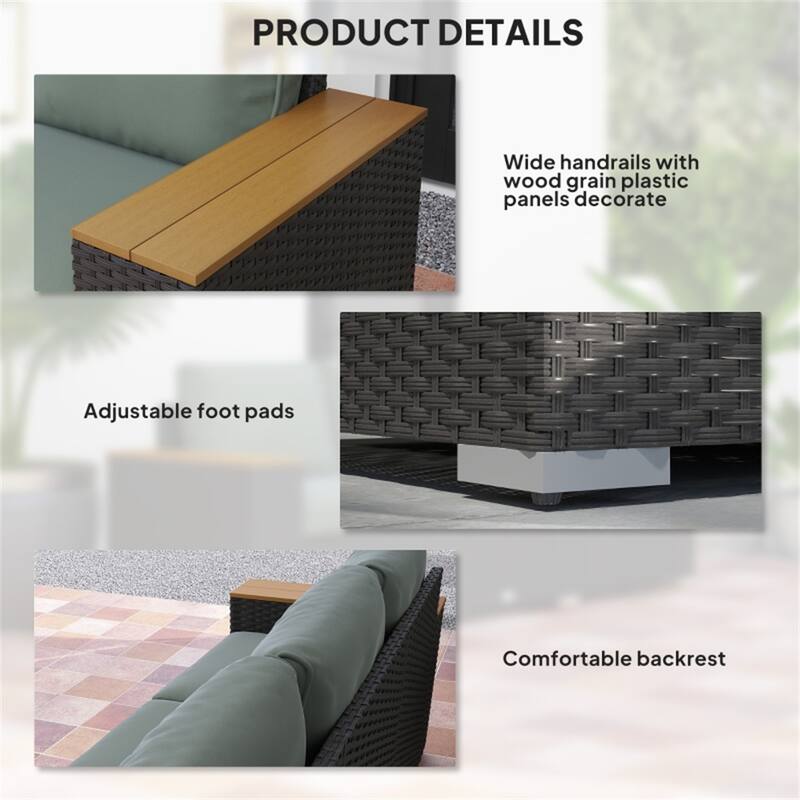 3-Seater Outdoor Rattan Sofa PE Wicker Galvanized Steel Frame Patio Deck Garden Couch with Cushions