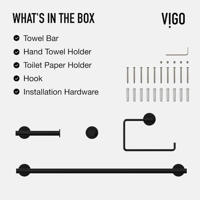 VIGO Elan 4-Piece Bathroom Hardware Accessory Set with 24 in. Towel Bar, Toilet Paper Holder, Hand Towel Holder, Hook