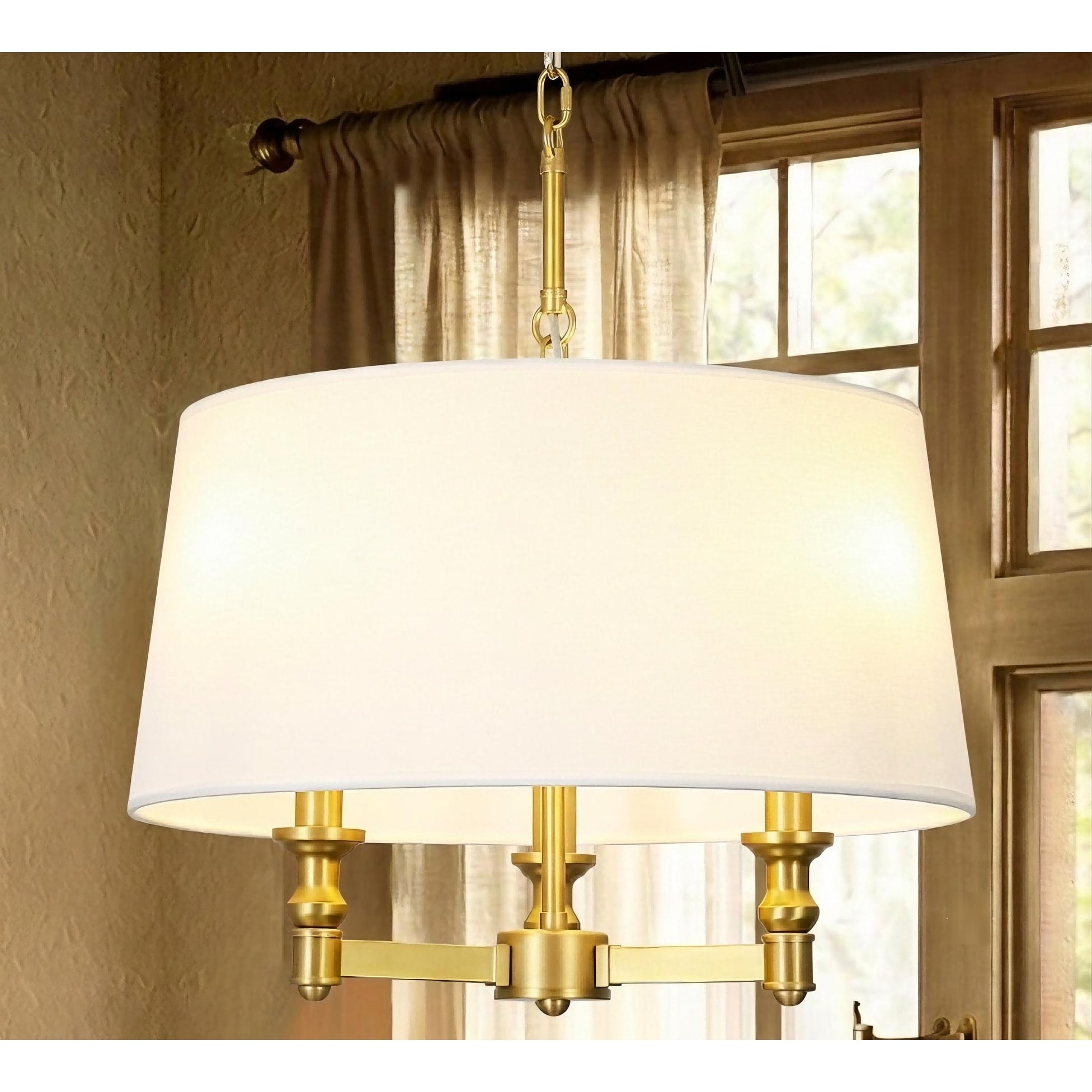 17.7" Modern Art Deco Brushed Brass Drum Adjustable 3-Light Chandelier with White Fabric Shade for Dining & Living Room