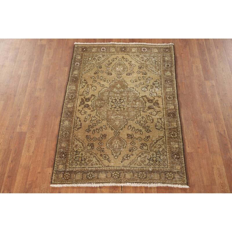 Hand Knotted Oriental 100% Wool Carpet Traditional Medallion Yellow & Gold Tabriz Area Rug - 4' 8'' X 3' 3''