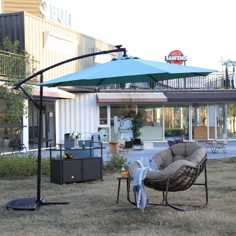 9.67 ft. Steel Market Outdoor Patio Umbrella with 40 lights, Solar LED Offset Hanging Umbrella (No Base) - Light Green