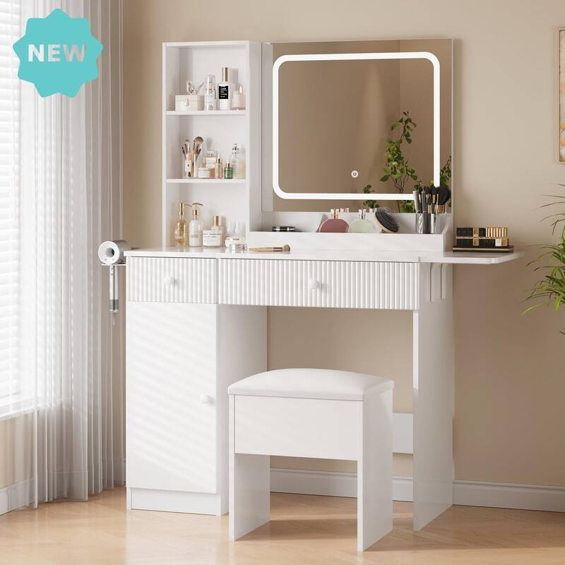 Makeup Vanity Desk with Mirror, Charging Station, Storage Drawers， Stool - White