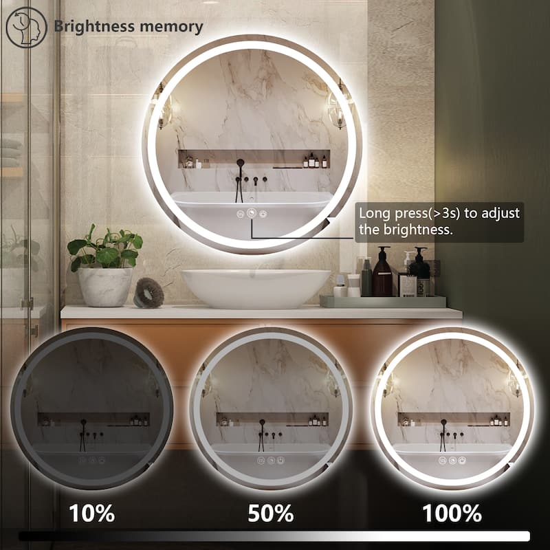 Round LED Bathroom Mirror Frameless Wall Mounted LED Bathroom Vanity Mirror Dimmable Anti-Fog 3 Colors LED Makeup Mirror