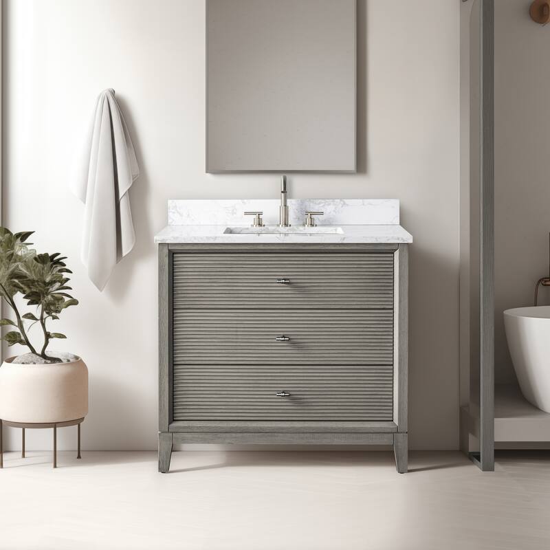 Vanity Art 36" Freestanding Bathroom Vanity with Engineered Marble Top and Sink - 36"/Brushed Nickel - Driftwood Gray