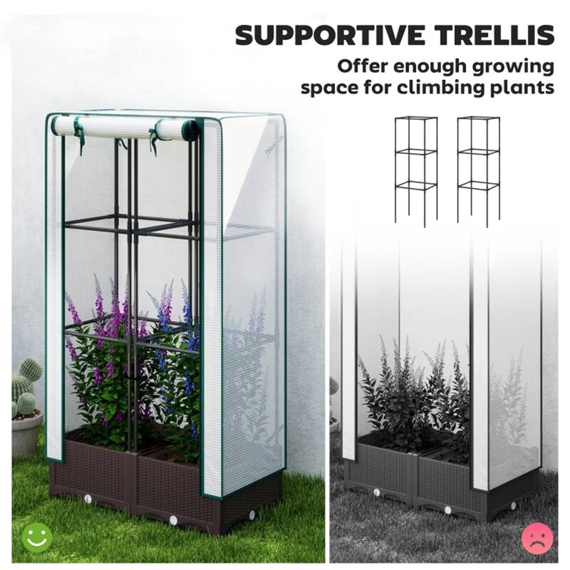 Brown and White Mini Greenhouse with PE Cover and Self-Watering System and Roll-Up Zipper