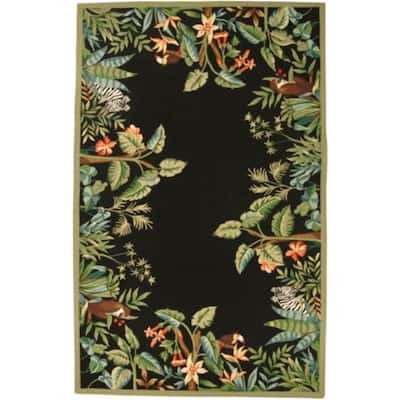 Hand-Hooked Wool Rug - Boho Floral Runner - Living Room Bedroom Decor - Black Green - 2'6" x 10' - 120 x 30
