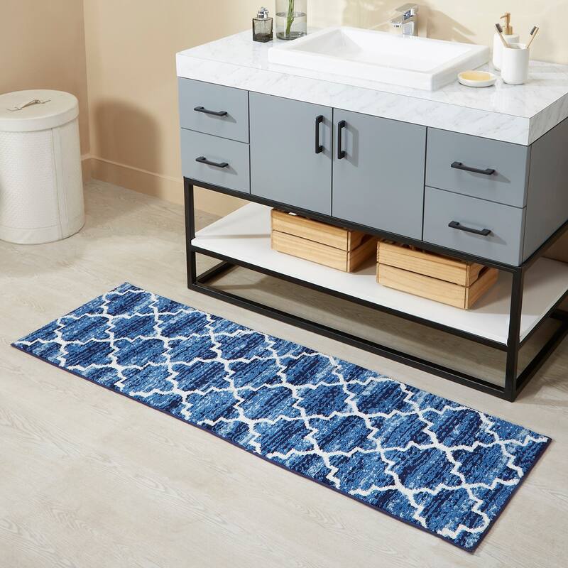 Better Trends Savio Collection Marrakesh Bathroom Rug - 100% Micro Polyester with Gel Foam Backing, Machine Washable Bath Mat - 20" x 60" Runner - Blue