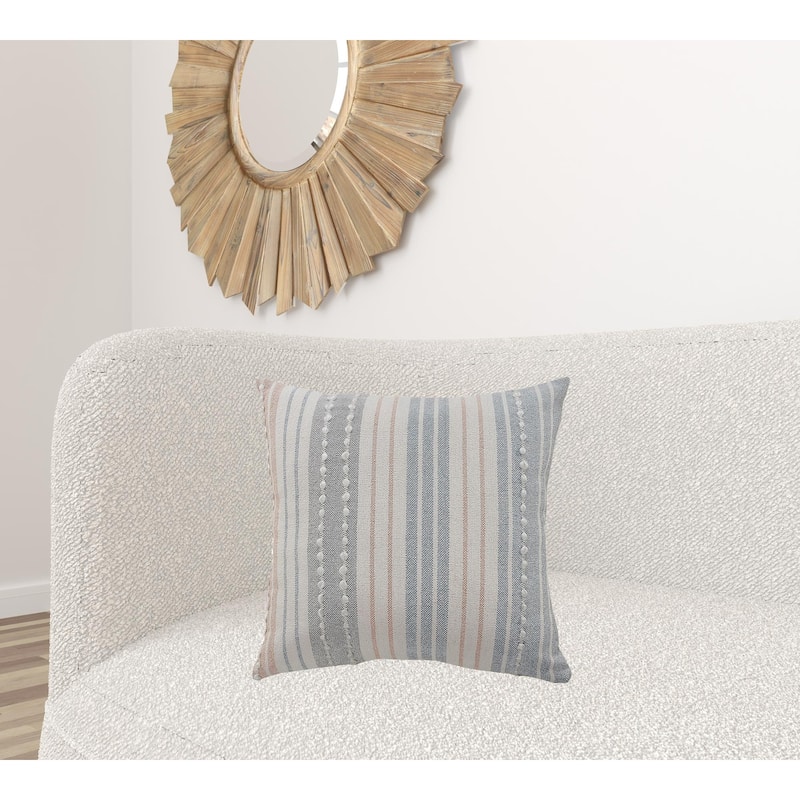 HomeRoots 20" X 20" White Blue Gray And Tan 100% Cotton Striped Zippered Pillow