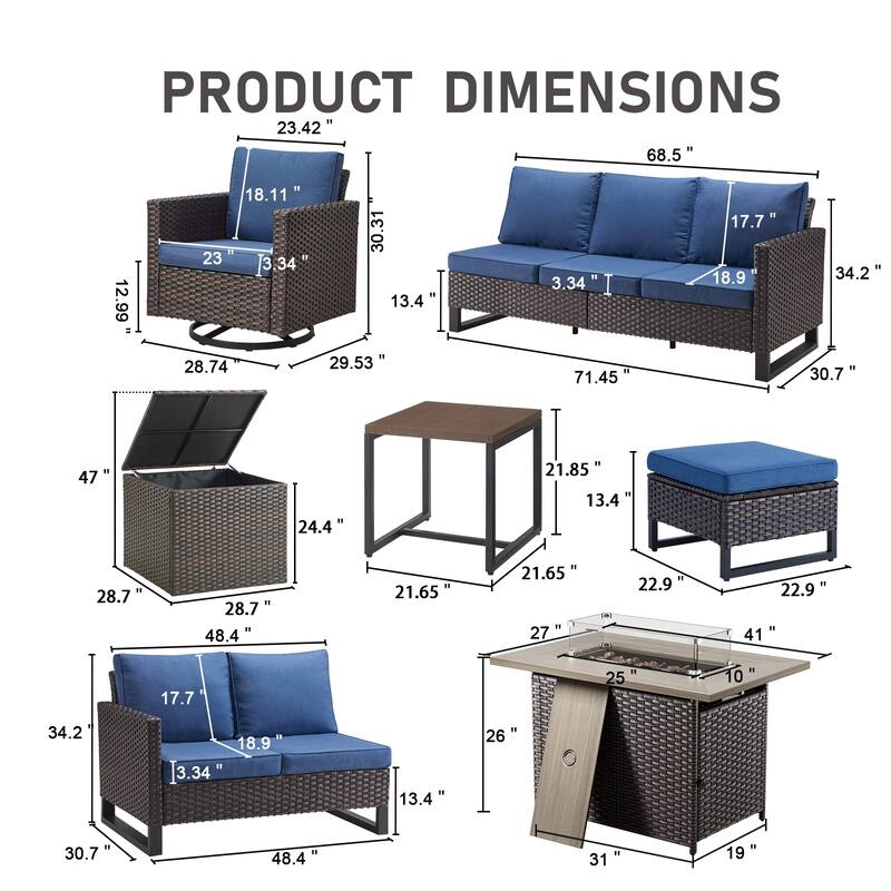 Gymojoy 9 Piece All-Weather Wicker Outdoor Patio Family Conversation Set Group With Fire Pit Table