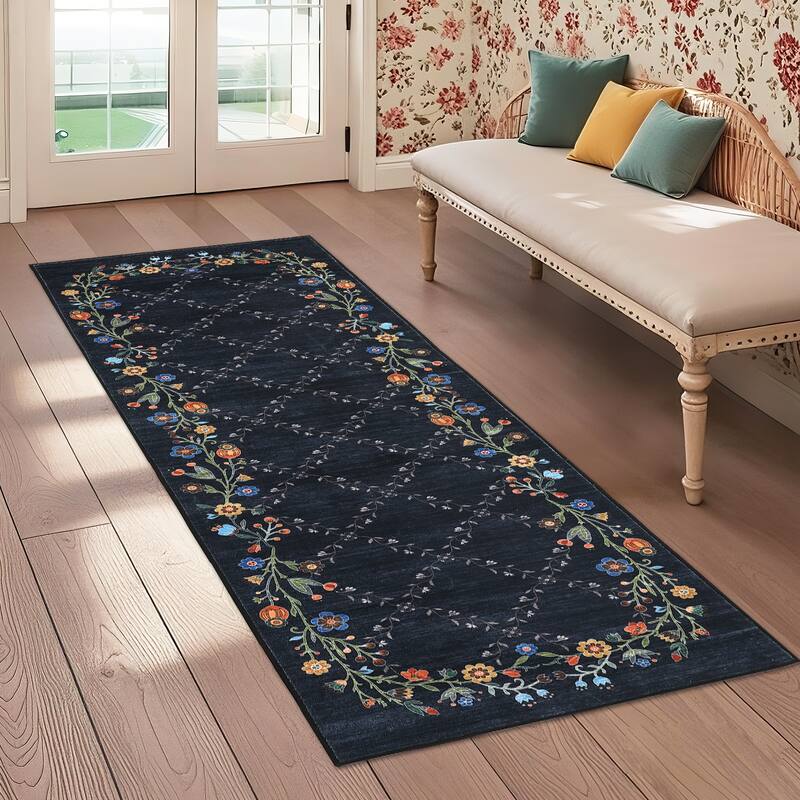 Floral Area Rugs for Living Room Low Pile Non Slip Rugs Washable Soft Foldable Accent Carpet Home Decor